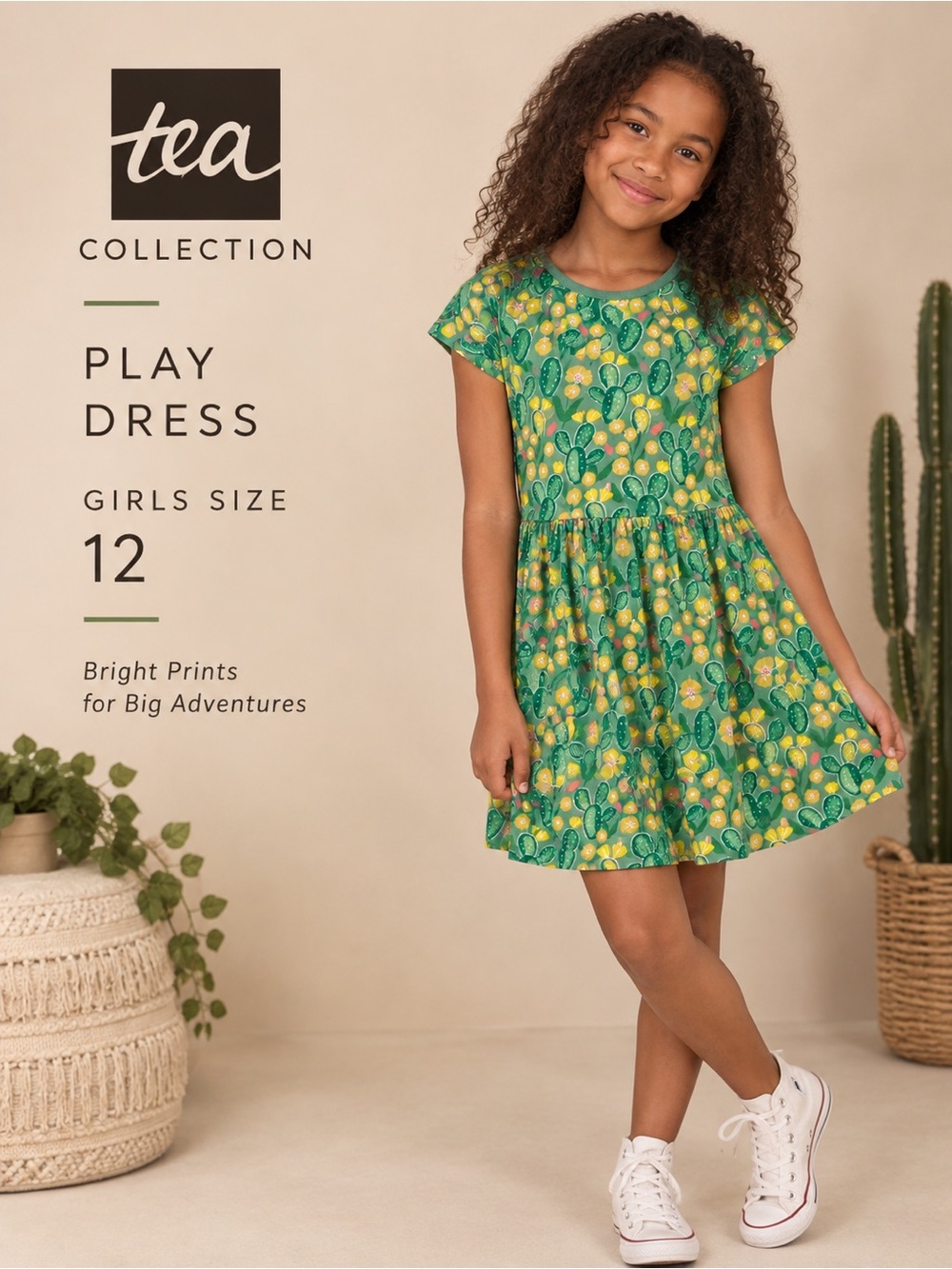 Tea Collection Girls Cactus Floral Play Dress Green Size 12